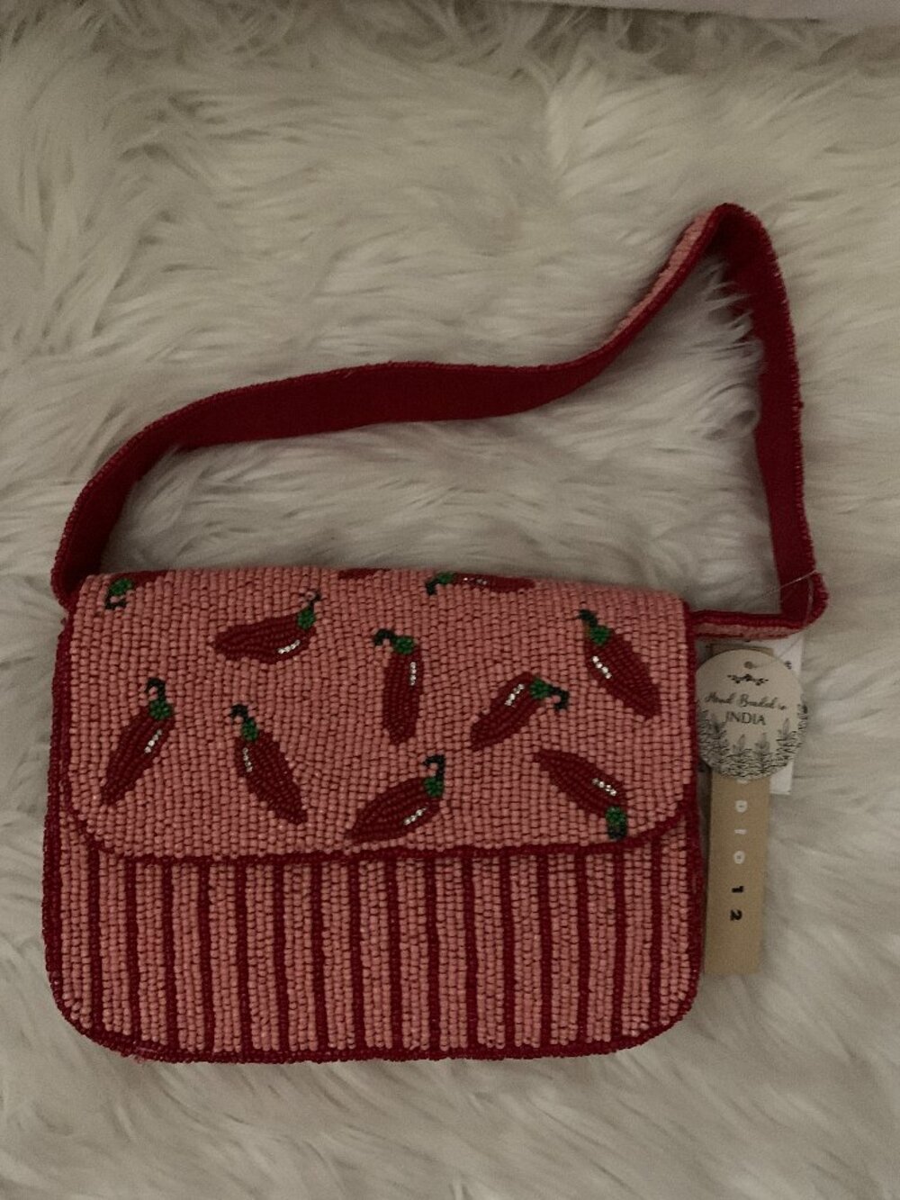 STUDIO 12 Red Hot Chili Peppers Striped Seed Beaded Clutch Bag in Red/Pink